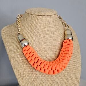 Accessories Chunky Interwoven Orange Fabric & Gold-Tone Metal Statement Necklace